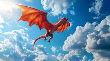 A majestic red dragon soars through a vibrant blue sky dotted with fluffy white clouds. A symbol of power, adventure, and freedom in flight. photo