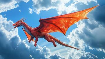 A majestic red dragon soars through a vibrant blue sky dotted with fluffy white clouds, its wings outstretched in powerful flight. photo