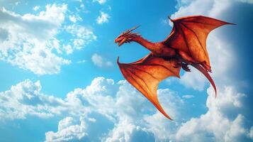 A vibrant red dragon soars majestically against a backdrop of fluffy white clouds and azure sky, capturing a scene of high fantasy. photo