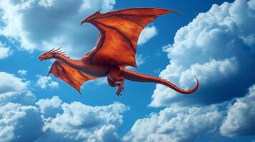 A majestic red dragon soars through a vibrant blue sky, wings spread wide against the backdrop of fluffy white clouds, a symbol of fantasy. photo