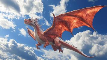 A vibrant red dragon soars through a bright blue sky filled with fluffy white clouds, its wings catching the sunlight, a majestic sight. photo