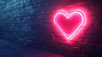 Glowing heart-shaped neon light mounted on a brick wall, casting a vibrant pink glow against the dark and textured background. photo