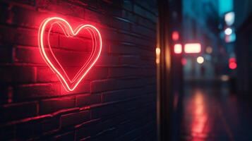 A neon heart glows red on a brick wall, casting a warm light in the blurred urban background, symbolizing love and connection in city life. photo