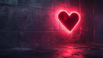 A vibrant red heart-shaped neon light against a weathered brick wall, casting a romantic glow in the dark, creating a loving ambiance. photo