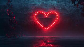 A radiant neon heart casts a warm glow against a textured brick wall. Love's symbol shines brightly, creating a captivating visual. photo