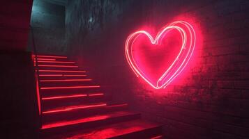 An alluring red neon heart sign glowing beside illuminated red steps, creating a romantic and mysterious atmosphere, beckoning you to ascend. photo