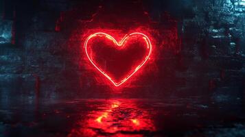 A vibrant neon heart radiates against a textured, dark wall, casting a striking reflection on the surface below, creating an ethereal atmosphere. photo