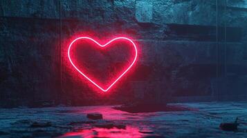 A glowing red heart illuminates a textured, dark blue stone wall, reflecting in puddles on the floor, evoking love in an urban setting. photo
