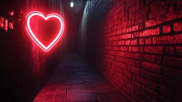 A radiant heart glows on a brick alleyway wall, casting a warm hue on the cobblestone path. A symbol of love in a dark urban setting. photo