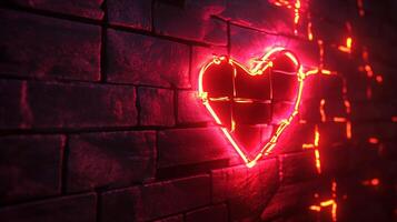 Glowing heart on a brick wall. The neon light shape creates a romantic feeling. Dark ambiance with a touch of love and brightness. photo