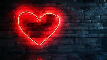 A vibrant red heart-shaped neon light glows against a dark brick wall, creating a romantic and captivating display of affection. photo