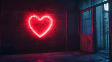 A neon heart glows warmly against a rustic wall, beckoning towards an invitingly open door. The light sets a moody atmosphere. photo