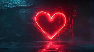 A bright red heart outlined in neon stands out against a rocky surface, reflecting in the water, symbolizing passion and raw emotion. photo