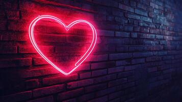 A vibrant red heart-shaped neon sign illuminates a textured brick wall, casting a warm glow. Love and urban aesthetics intertwine in this image. photo