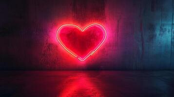 Neon heart glowing against a concrete wall, symbolizing love, passion, and modern romance in a dimly lit space. photo