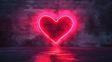 Neon heart sign on a textured wall, casting reflections on the floor. Love, passion, and modern aesthetics are beautifully intertwined. photo