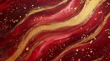 Abstract art featuring waves of red paint and golden sparkles, creating a luxurious and elegant visual experience. photo