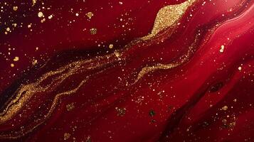 Abstract fluid art with a rich, deep red color palette and shimmering gold accents evokes luxury and sophistication. Elegant artwork. photo
