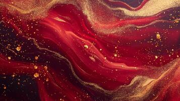 Abstract red and gold swirling pattern with glitter and flowing lines creates a luxurious and festive visual. photo