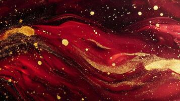 A dynamic abstract art piece featuring flowing red and black hues adorned with gold splatters, resembling a cosmic river. Bold design. photo