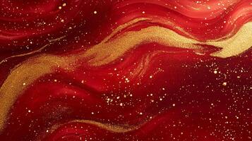 Abstract waves of red and gold create a visually stunning, textured backdrop. The fluid movement and shimmering particles evoke luxury. photo