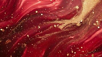 Abstract painting featuring flowing red shades complemented by shimmering gold accents, creating a dynamic and luxurious texture. photo
