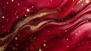 Striking fluid art with a crimson backdrop highlighted by shimmering gold accents, creating a dynamic flow of color and texture. photo