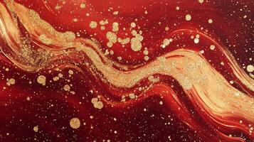 Abstract painting of a vibrant red background with streams of golden glitter particles, creating a luxurious, festive atmosphere. photo