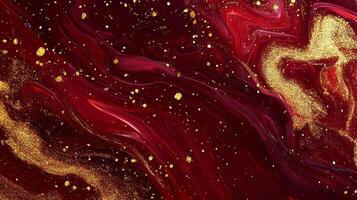 Abstract art featuring swirling crimson and gold hues, creating a luxurious, dynamic visual texture. Art style of fluid painting. photo