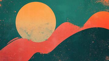 Abstract landscape painting with an orange sun over rolling hills and a speckled teal background. A surreal and modern design element. photo