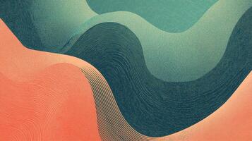 Abstract waves in teal, blue, and coral tones with a textured, grainy effect. The fluid lines form undulating patterns. photo