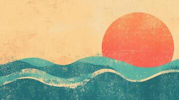 Stylized sunset illustration with calming waves and a retro aesthetic, perfect for nature lovers and serene scenes, bringing peace to your space. photo