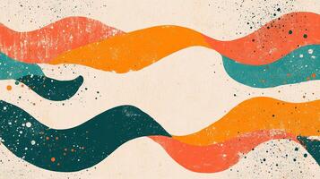 Abstract flowing shapes of orange, teal, and red with paint splatter on a beige background. An organic, retro-inspired design. photo
