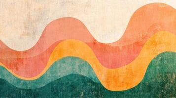 Retro style abstract background with colorful, wavy layers and a distressed, textured surface. Earthy, vibrant hues create a vintage aesthetic. photo