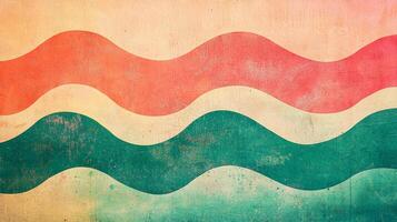 Retro wavy background with a vintage texture. Features layered waves in salmon, ivory, and teal, creating a visually appealing pattern. photo