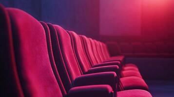 Rows of empty plush red seats in a darkened theater, illuminated by atmospheric lighting, creating anticipation for a performance. photo