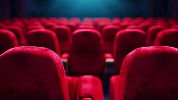Rows of plush red seating in a classic theater, illuminated by soft lighting, evoke a sense of anticipation for entertainment. photo