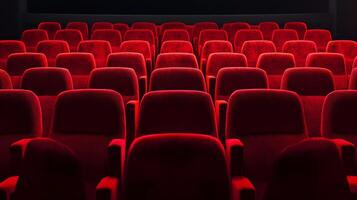 Rows of red plush seats in dim light, possibly in a theatre or auditorium. Awaiting audience, ready for a performance. photo