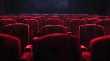 Rows of plush red seats in a dark auditorium create anticipation for a movie or performance. The theater setting evokes excitement. photo