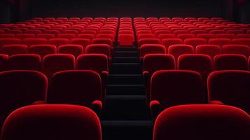 Rows of red velvet seats extend deep into a darkened theater, promising an immersive entertainment experience for the audience. photo