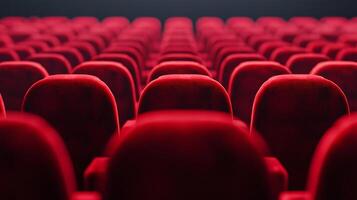 Rows of empty red seats stretch into the distance, ready for an audience. The theater is silent and still. photo