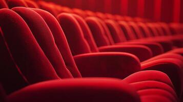 Rows of plush red seating. The image evokes a sense of anticipation, luxury, and classic entertainment. The symmetrical layout is dramatic. photo