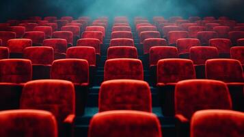 Rows of plush red seating await in a dimly lit auditorium, hinting at the anticipation and experience of live entertainment. photo