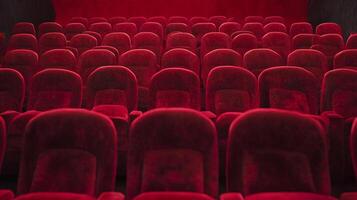 Rows of empty red plush seats facing the stage in a dark theatre are ready for the show. The plush seating is neatly arranged. photo