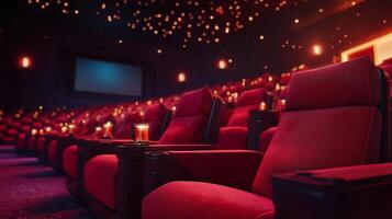 Luxurious cinema seating with intimate candle lighting and starlight ceiling creating an exclusive, upscale viewing experience. photo