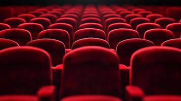 Rows of plush, red velvet seats in an empty theatre, awaiting the audience for a performance. Luxurious comfort and anticipation fill the space. photo