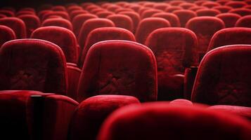Rows of plush, red velvet seats in a dimly lit theater, arranged in neat lines, awaiting an audience for a show or presentation. photo