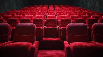 Rows of plush red seats stretch into the darkness, a silent invitation to the theater. Anticipation hangs in the air. photo