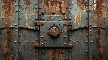 Heavily rusted metal door with latch and rivets shows wear and tear from age and exposure to the elements. Patina gives it character. photo