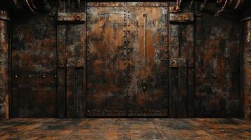 A pair of rusty iron doors with many rivets, framed by rusty columns and floor in this industrial setting. Aged metal and worn texture. photo